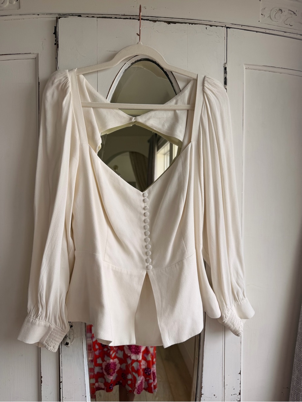 Reformation Ivory Open-Back Peplum Blouse